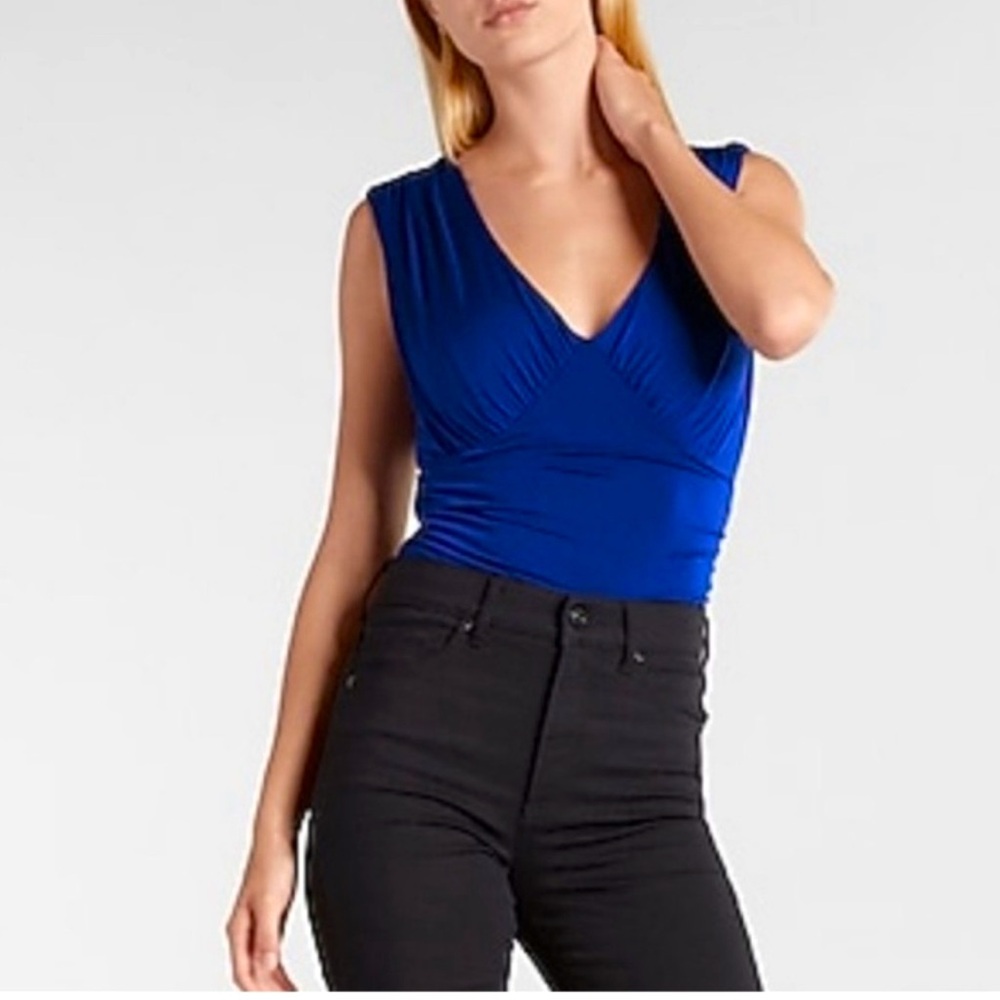Express Blue Ruched Sleeveless Bodysuit, Size Medium